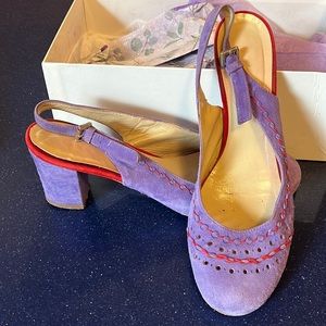 Andy Jllien block heeled purple suede slingbacks, red stitch detail. Size 40.5